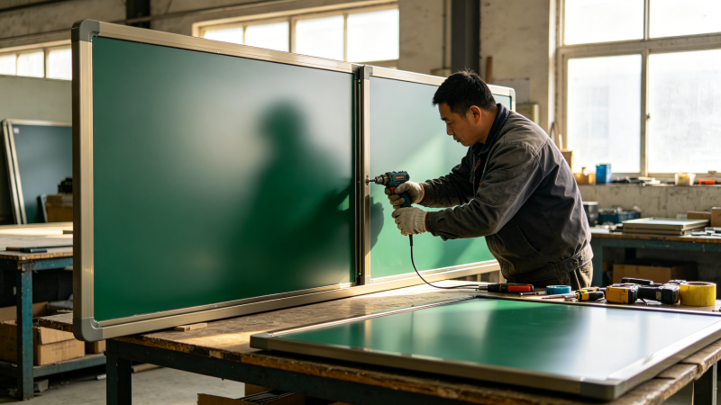 工人组装左右推拉教学绿板