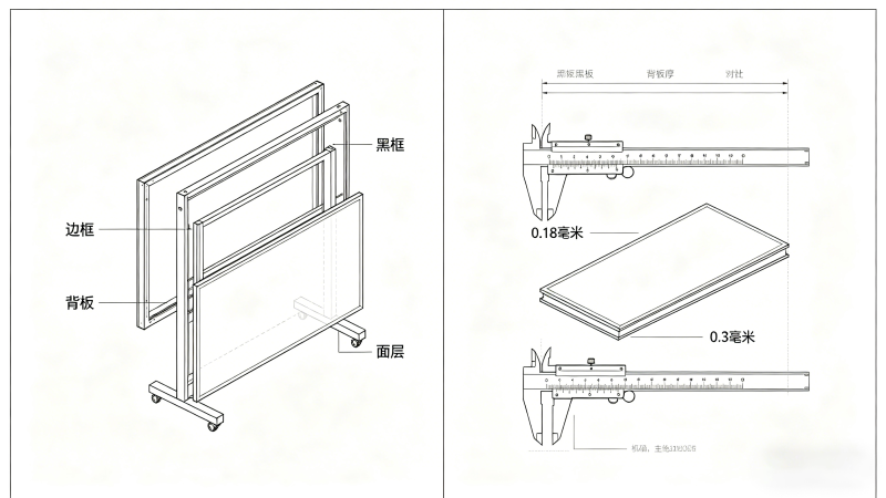 黑板结构分解与背板厚度测量对比